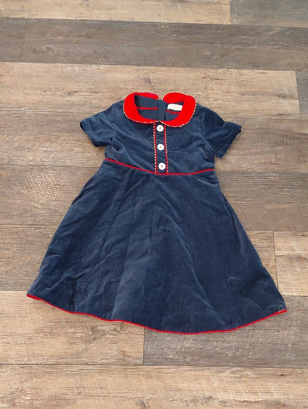 Navy Velvet Girls Dress with Red Trim